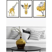 ARTZE Geometric Yellow Grey Giraffe Set Framed Wall Art - Large in Black | Size: W53 cm x H73 cm x D20mm