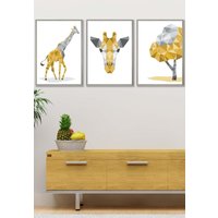 ARTZE Geometric Yellow Grey Giraffe Set Framed Wall Art - Large in Light Grey | Size: W53 cm x H73 cm x D20mm