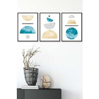 ARTZE Yellow & Aqua Blue Abstract Mid Century Geometric Framed Wall Art - Medium in Black | Size: W45 cm x H62 cm x D20mm