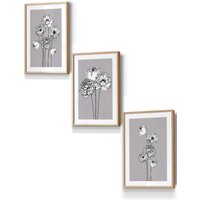 ARTZE Sketch Art Peonies on Grey Framed Wall Art - Small in Light Oak | Size: W33 cm x H45 cm x D20mm