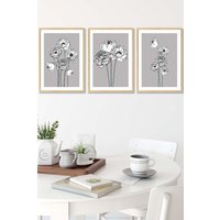 ARTZE Sketch Art Peonies on Grey Framed Wall Art - Medium in Light Oak | Size: W45 cm x H62 cm x D20mm