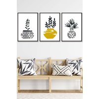 ARTZE Scandi Yellow Grey Cactus Pots Framed Wall Art - Medium in Black | Size: W45 cm x H62 cm x D20mm