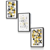ARTZE Mid Century Graphical Grey Yellow Framed Wall Art - Small in Black | Size: W33 cm x H45 cm x D20mm