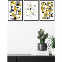 ARTZE Mid Century Graphical Grey Yellow Framed Wall Art - Medium in Black | Size: W45 cm x H62 cm x D20mm