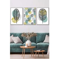 ARTZE Set of 3 Light Grey Framed Mid Century Floral Pattern in Yellow & Blue Wall Art in Duck Egg Blue | Size: W45 cm x H62 cm x D20mm