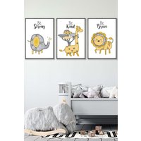 ARTZE Set of 3 Dark Grey Framed Scandi Nursery Elephant Animals Quote Yellow Grey Wall Art in Bright Yellow | Size: W33 cm x H45 cm x D20mm
