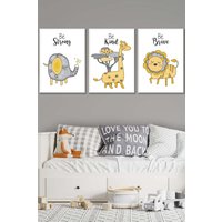 ARTZE Set of 3 White Framed Scandi Nursery Elephant Animals Quote Yellow Grey Wall Art in Bright Yellow | Size: W53 cm x H73 cm x D20mm