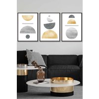 ARTZE Golden Yellow & Grey Abstract Mid Century Geometric Framed Wall Art - Large in Black | Size: W53 cm x H73 cm x D20mm