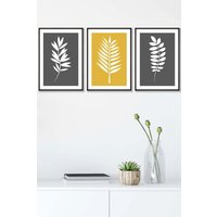ARTZE Grey Yellow Graphical Leaves Framed Wall Art - Medium in Black | Size: W45 cm x H62 cm x D20mm