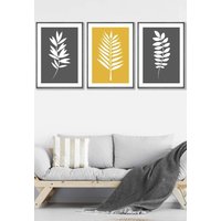 ARTZE Grey Yellow Graphical Leaves Framed Wall Art - Large in Dark Grey | Size: W53 cm x H73 cm x D20mm