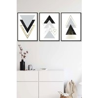 ARTZE Black Grey Geometric Triangle Set Framed Wall Art - Medium | Size: W45 cm x H62 cm x D20mm