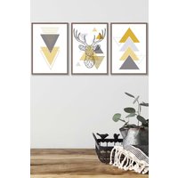 ARTZE Geometric Line Art Yellow Stag Head Triangles Framed Wall Art - Medium in Walnut | Size: W45 cm x H62 cm x D20mm