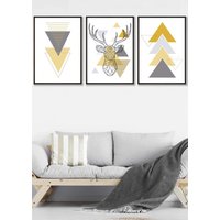 ARTZE Geometric Line Art Yellow Stag Head Triangles Framed Wall Art - Large in Black | Size: W53 cm x H73 cm x D20mm