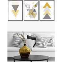 ARTZE Geometric Line Art Yellow Stag Head Triangles Framed Wall Art - Large in Dark Grey | Size: W53 cm x H73 cm x D20mm
