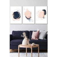 ARTZE Framed Abstract Navy Blue & Blush Pink Framed Wall Art - Large in White | Size: W53 cm x H73 cm x D20mm