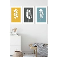 ARTZE Framed Yellow, Grey, Blue Graphical Leaves Framed Wall Art - Medium in White | Size: W45 cm x H62 cm x D20mm
