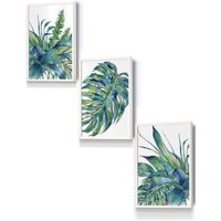 ARTZE Framed Blue Green Watercolour Tropical Leaves Framed Wall Art - Small in White | Size: W33 cm x H45 cm x D20mm