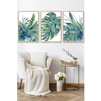 ARTZE Framed Blue Green Watercolour Tropical Leaves Framed Wall Art - Large in Light Oak | Size: W53 cm x H73 cm x D20mm