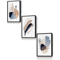 ARTZE Framed Abstract Blue Beige Watercolour Shapes Framed Wall Art - Small in Black | Size: W33 cm x H45 cm x D20mm