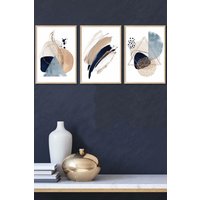 ARTZE Framed Abstract Blue Beige Watercolour Shapes Framed Wall Art - Large in Light Oak | Size: W53 cm x H73 cm x D20mm