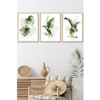 ARTZE Framed Green & Gold Botanical Leaves Framed Wall Art - Medium in Light Oak | Size: W45 cm x H62 cm x D20mm