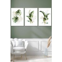 ARTZE Framed Green & Gold Botanical Leaves Framed Wall Art - Large in White | Size: W53 cm x H73 cm x D20mm