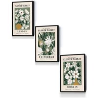 ARTZE Framed Green Flower Market London Edinburgh Dublin Framed Wall Art - Small in Black | Size: W33 cm x H45 cm x D20mm