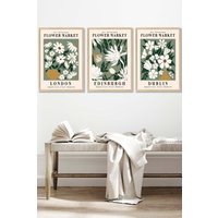 ARTZE Framed Green Flower Market London Edinburgh Dublin Framed Wall Art - Medium in Light Oak | Size: W45 cm x H62 cm x D20mm
