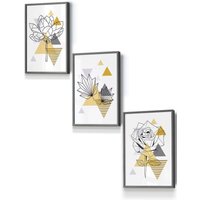 ARTZE Framed Yellow & Grey Geometric Flowers Framed Wall Art - Small in Dark Grey | Size: W33 cm x H45 cm x D20mm