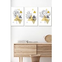 ARTZE Framed Yellow & Grey Geometric Flowers Framed Wall Art - Medium in White | Size: W45 cm x H62 cm x D20mm