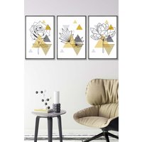 ARTZE Framed Yellow & Grey Geometric Flowers Framed Wall Art - Medium in Dark Grey | Size: W45 cm x H62 cm x D20mm