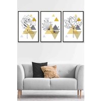 ARTZE Framed Yellow & Grey Geometric Flowers Framed Wall Art - Large in Black | Size: W53 cm x H73 cm x D20mm