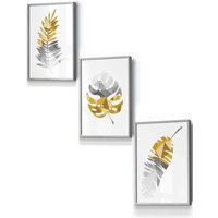 ARTZE Geometric Tropical Leaves In Yellow Grey Framed Wall Art - Small in Light Grey | Size: W33 cm x H45 cm x D20mm