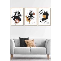 ARTZE Framed Abstract Black, Yellow, Orange Oil Strokes Framed Wall Art - Large in Light Oak | Size: W53 cm x H73 cm x D20mm