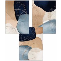 ARTZE Set of 3 Abstract Blue, Beige, Gold Shapes Art Posters in Navy | Size: W42 cm x H59 cm