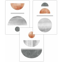 ARTZE Set of 3 Copper & Grey Abstract Mid Century Geometric Art Posters in Pale Orange | Size: W30 cm x H42 cm