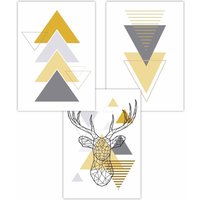 ARTZE Set of 3 Geometric Line Art Yellow Stag Head Triangles Art Posters | Size: W30 cm x H42 cm