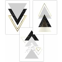 ARTZE Set of 3 Black Grey Geometric Triangle Set Art Posters in Mid Grey | Size: W42 cm x H59 cm