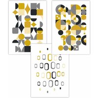 ARTZE Set of 3 Mid Century Graphical Grey Yellow Art Posters in Bright Yellow | Size: W42 cm x H59 cm