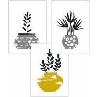 ARTZE Set of 3 Scandi Yellow Grey Cactus Pots Art Posters in Bright Yellow | Size: W50 cm x H70 cm