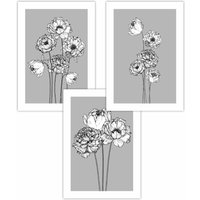 ARTZE Set of 3 Sketch Art Peonies on Grey Art Posters in Mid Grey | Size: W30 cm x H42 cm