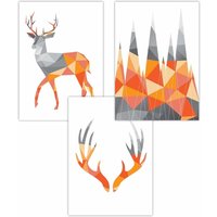 ARTZE Set of 3 Geometric Orange Grey Stags Set Art Posters | Size: W42 cm x H59 cm