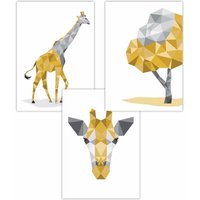 ARTZE Set of 3 Geometric Yellow Grey Giraffe Set Art Posters | Size: W59 cm x H84 cm