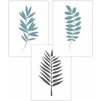ARTZE Set of 3 Graphical Blue Grey Leaves Art Posters in Duck Egg Blue | Size: W59 cm x H84 cm