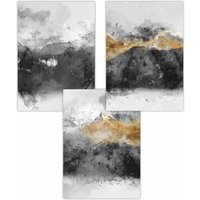 ARTZE Set of 3 Abstract Grey & Yellow Mountains Art Posters in Dark Grey | Size: W59 cm x H84 cm