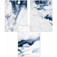 ARTZE Set of 3 Navy Blue Abstract Ocean Waves Art Posters | Size: W50 cm x H70 cm