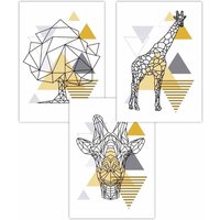 ARTZE Set of 3 Geometric Line Art Yellow Giraffe Tree Set Art Posters | Size: W50 cm x H70 cm