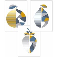 ARTZE Set of 3 Geometric Fruit Strawberry Blue Yellow Art Posters in Mid Blue | Size: W42 cm x H59 cm