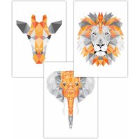 ARTZE Set of 3 Geometric Orange Grey Jungle Animal Heads Art Posters | Size: W42 cm x H59 cm