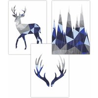 ARTZE Set of 3 Geometric Navy Blue Grey Stags Set Art Posters | Size: W42 cm x H59 cm